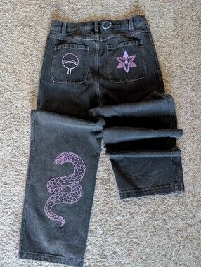 Men's Black Wide Leg Jeans with Lavender Snake & Pocket Graphics